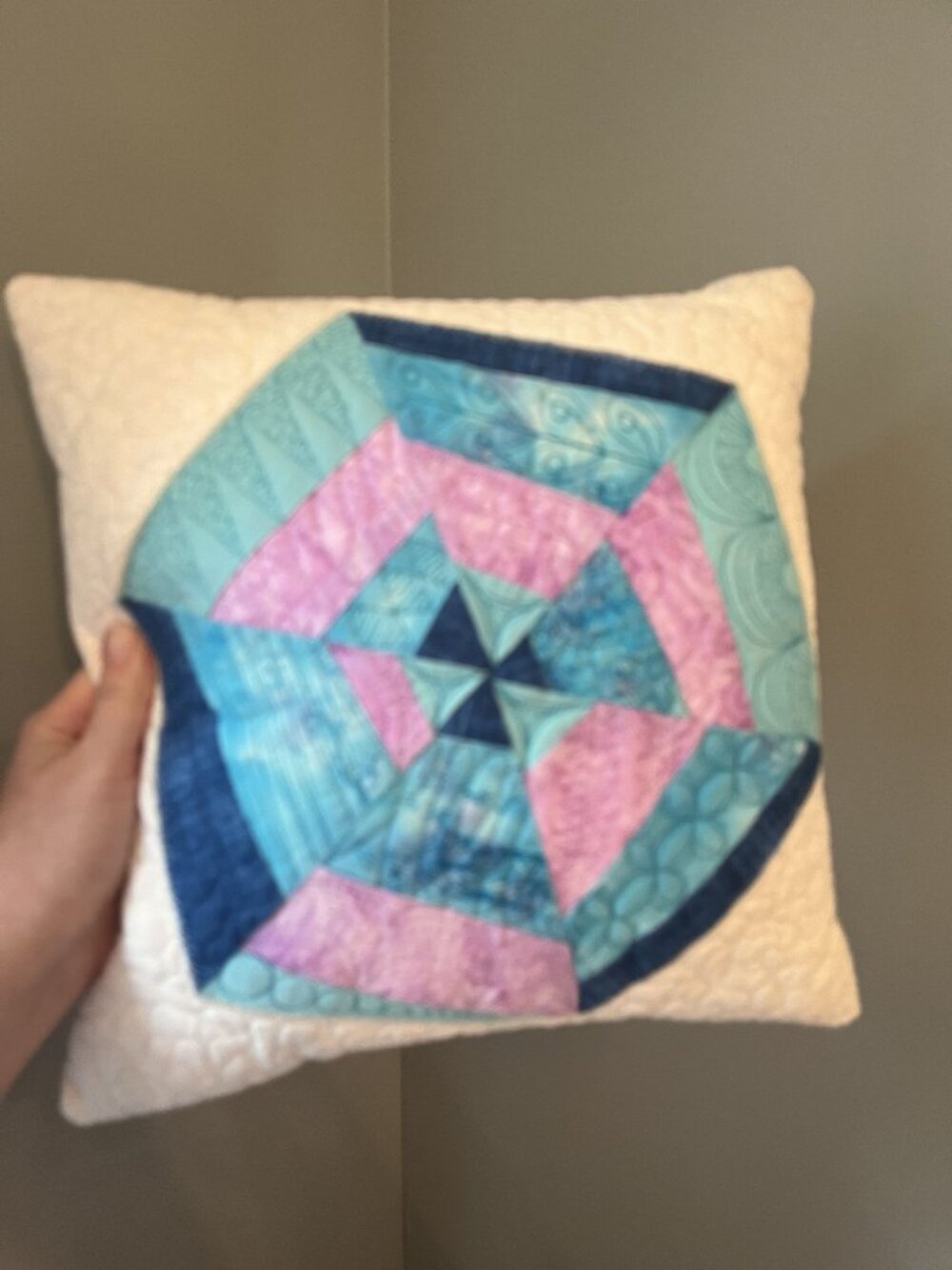 Quilted Decorative Throw Pillow With Geometric Star Pattern In Pink Blue & Aqua